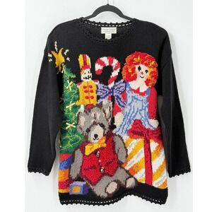 Vtg 80s Casual Corner Sweater Womens S Christmas Holiday Bear Doll textured 3d